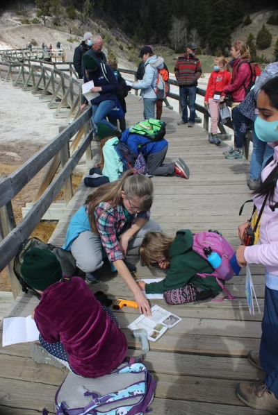 Students on a wooden bridge writing in their field journals at Yellowstone National Park.