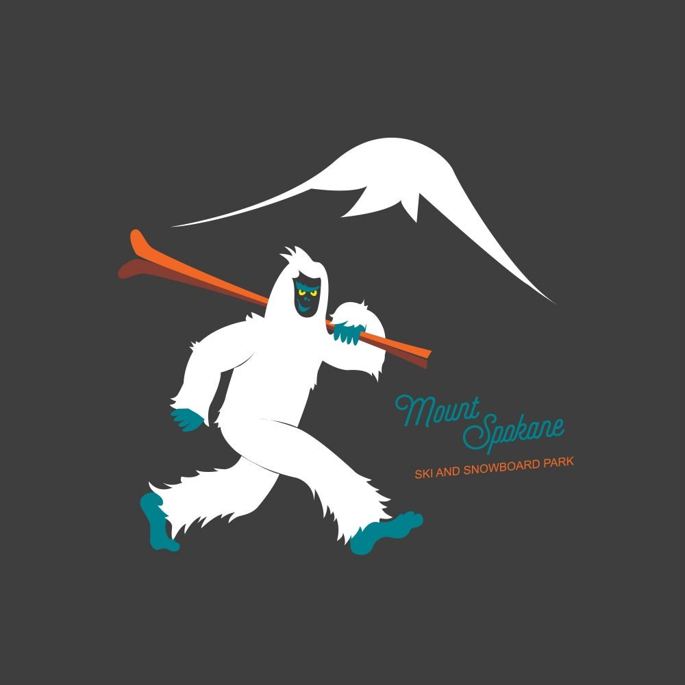 Spokaloo art print - Yeti carrying skis and Mt Spokane