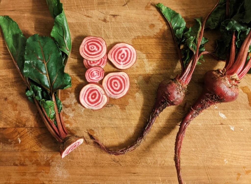 Chioggia beets - 2 whole ones and slices of another.