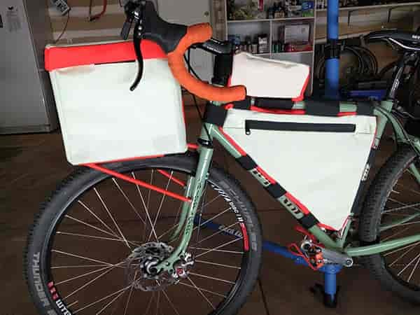 Do-it-yourself handsewn bike gear, including bike frame panniers.