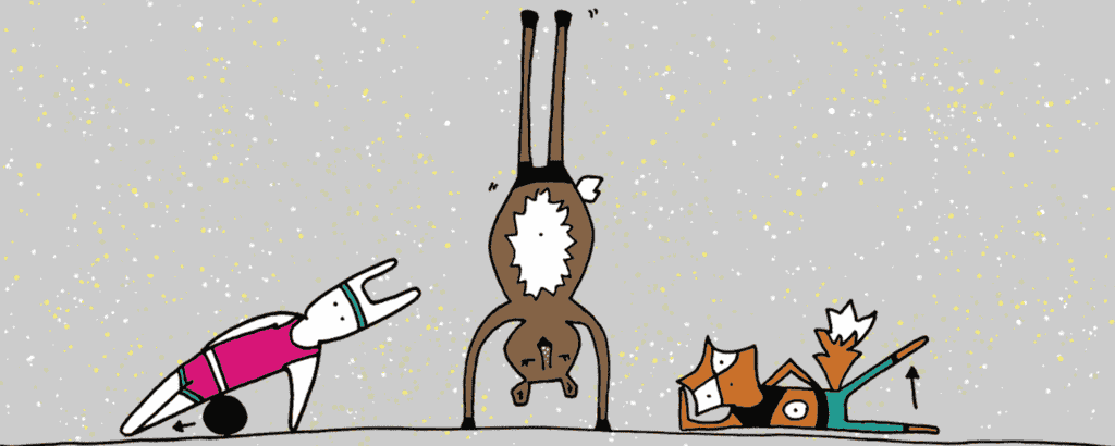 Illustration of rabbit, bear, and fox completing various exercises.
