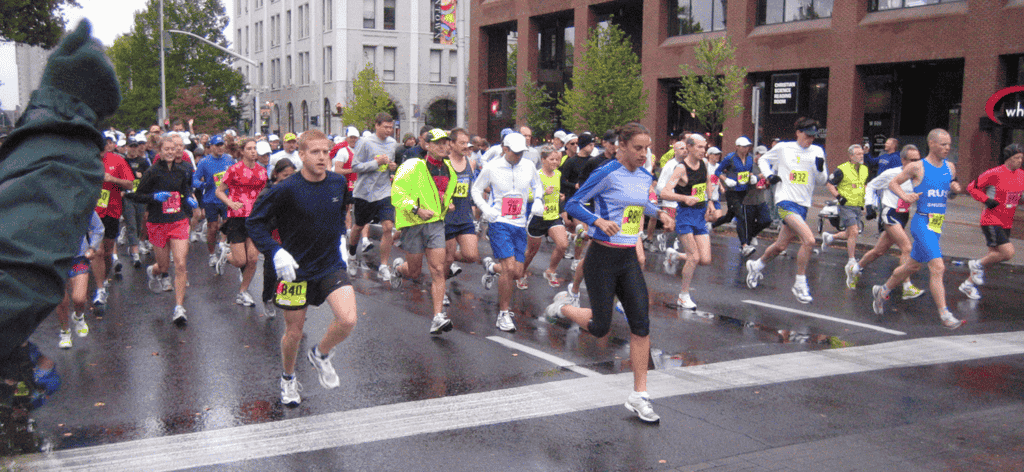 Photo of runners in downtown Spokane.
