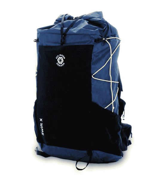 Blue backpack with black pockets and yellow straps.