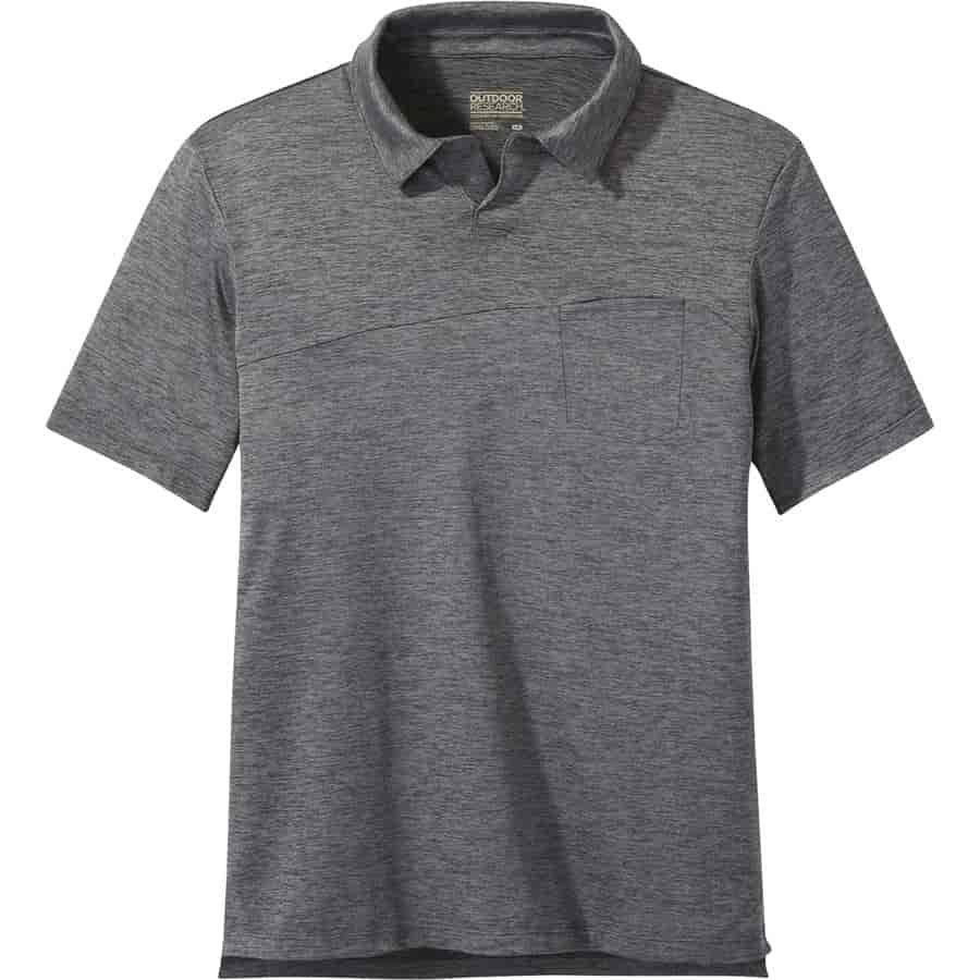 Grey polo shirt with a pocket.