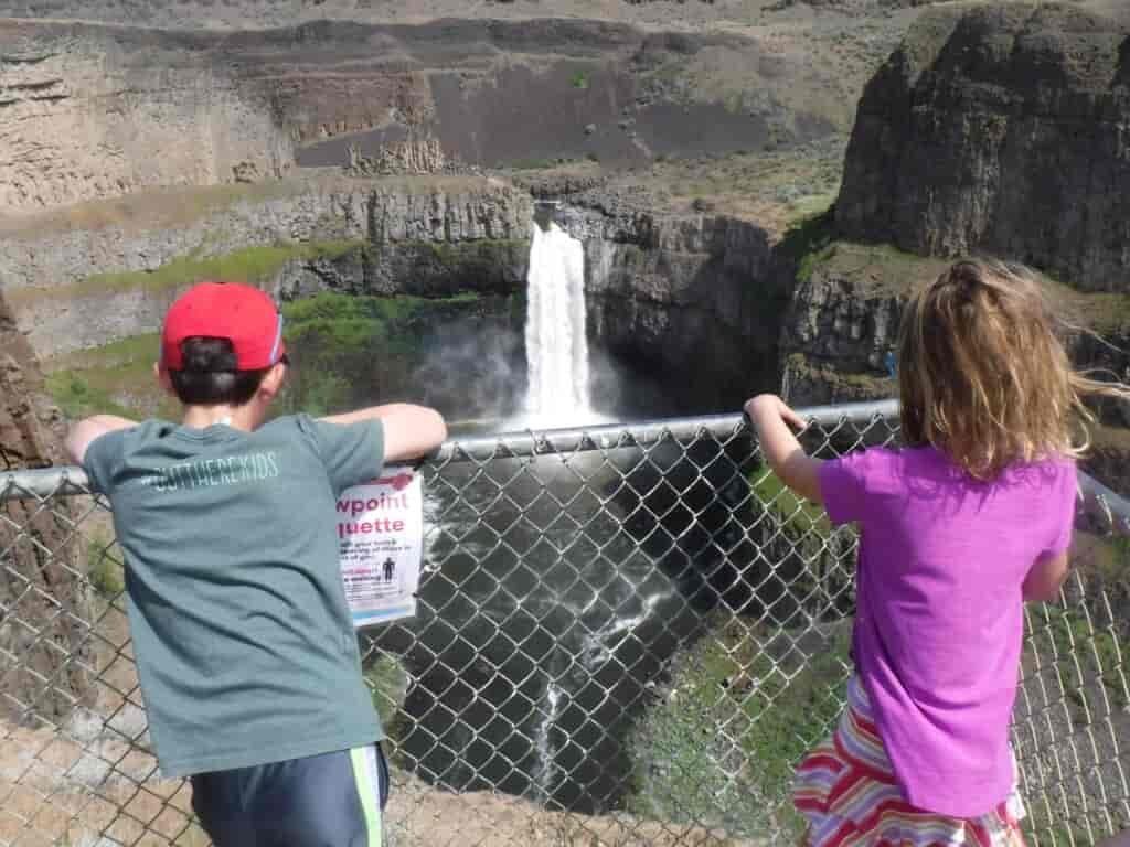 Two kids watching a waterfall.