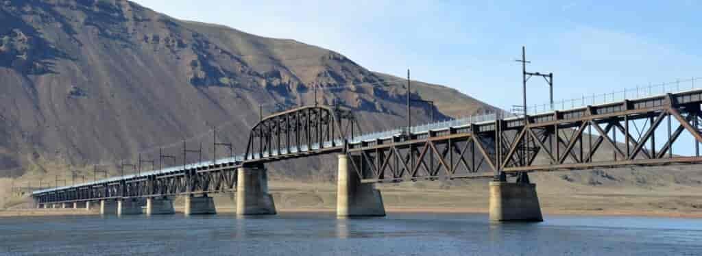 View of the newly resigned and restored Beverly Bridge over the Columbia River, along the Palouse to Cascades Trail State Park.